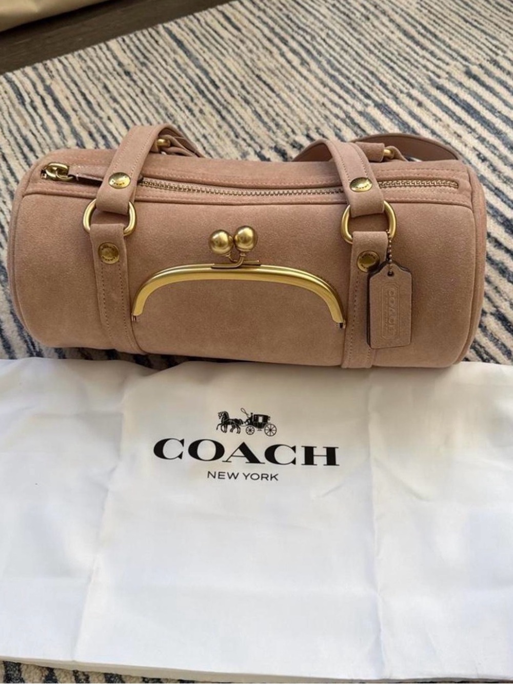 Brand New with Tag, COACH Nuage Suede Barrel Satchel with Gold Hardware